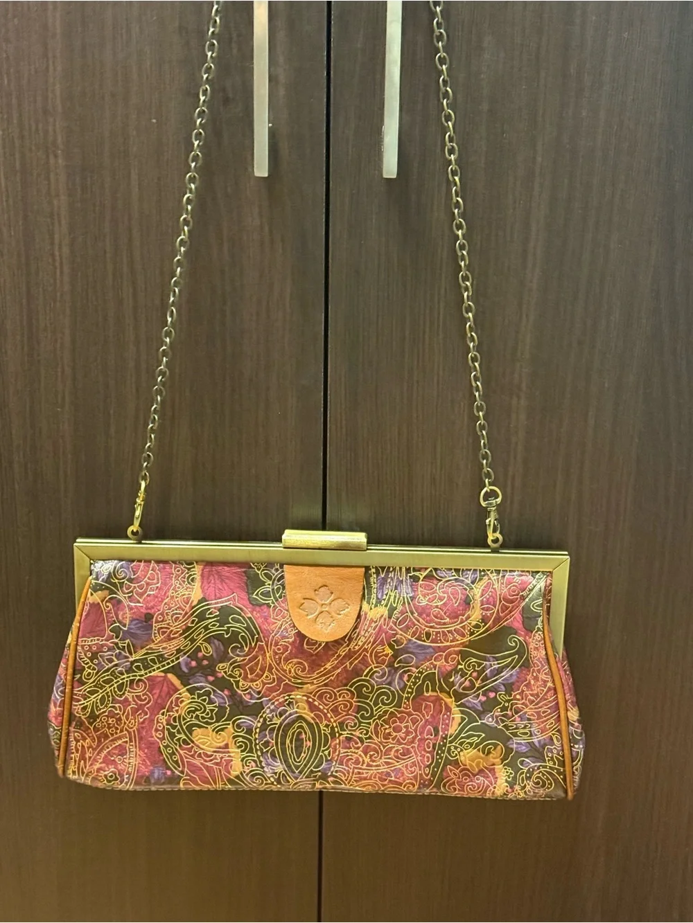 Patricia Nash Burgundy Multicolor Paisley Leather Clutch with Chain